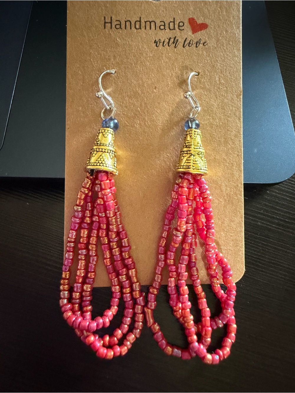 Handmade Red Beaded Tassel Earrings - Gold Accent